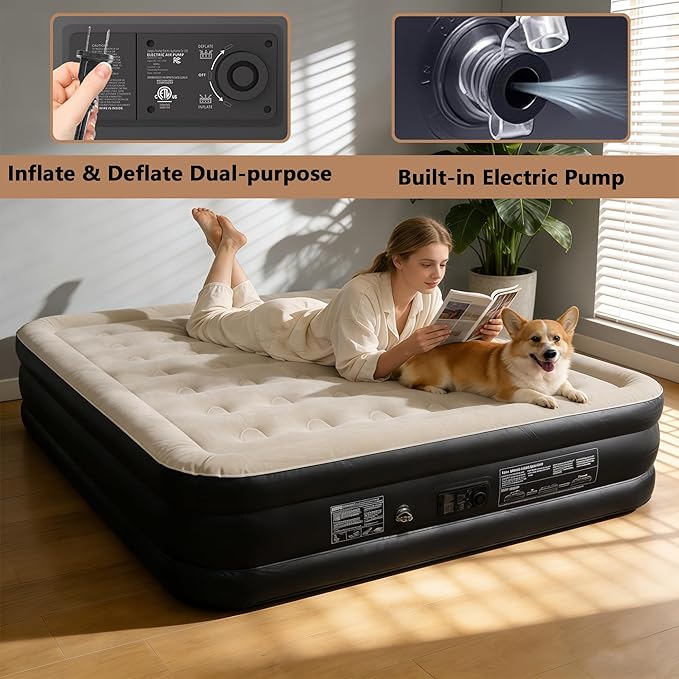 King Size air Mattress – 18-Inch Thickened Inflatable Mattress for Camping, Home Use & Guest Accommodation, Comes with Storage Bag, Supports Up to 750 Pounds（Black）