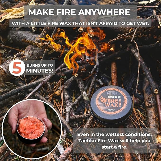 Tactiko Camping Fire Starter – Waterproof Survival Fire Starter for Wet Wood & Emergency Kits – 5 Minute Burn Time, 50 Uses, 60g – Lightweight Campfire Accessory for Hiking & Backpacking