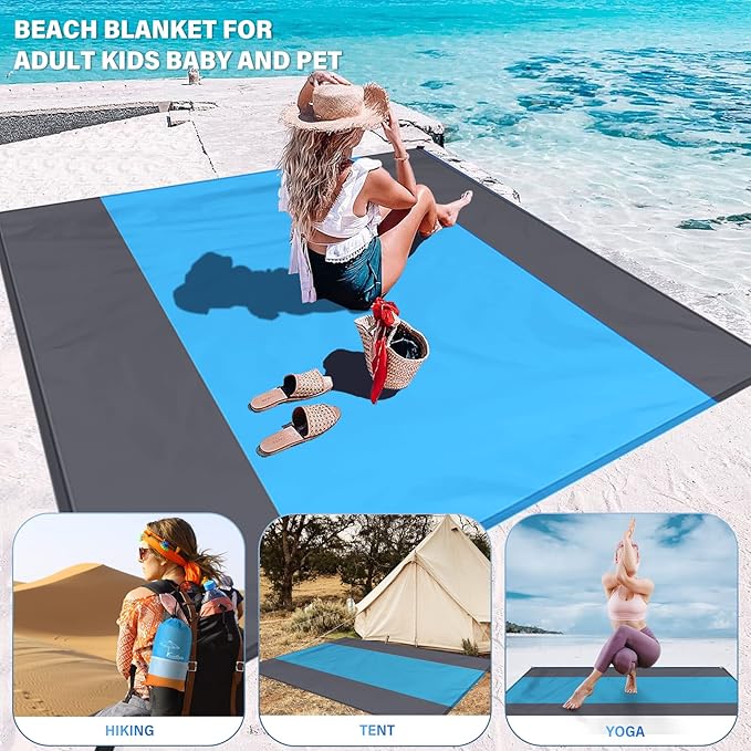 Famstar Beach Blanket Oversized Extra Large 10'X 9',Waterproof Sandproof Beach Blanket 2-8 Adults Lightweight Durable for Travel Camping Hiking Picnic (10'X 9', Blue&Grey)