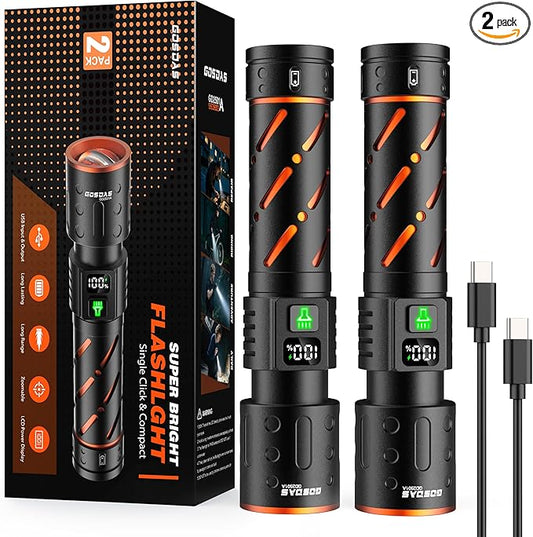 Rechargeable Flashlights High Lumens 100000 2 Pack, Super Bright 30W LED, Long Lasting 12H, Single Click 3 Modes, Multifunctional USB C Input Output LCD Power Display, for Camping Hiking Home
