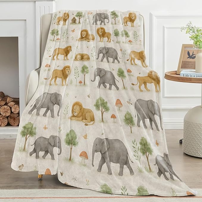 Wildlife Blanket Cute Lion and Elephant in Soft Watercolor Jungle Pattern Throw Blankets Lightweight Flannel Throws for Camping Couch Chair Bed Home Decor Gifts for Animal Lover,80x60inch