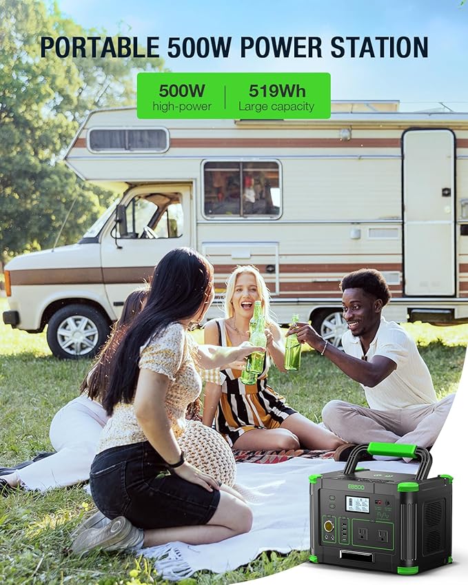 500W Portable Power Station 512Wh, Solar Generator with 60W USB-C PD Output, Built-in BMS 110V Pure Sine Wave AC Outlet Backup Lithium Battery for Outdoors Camping Travel Emergency (Peak 1000W)
