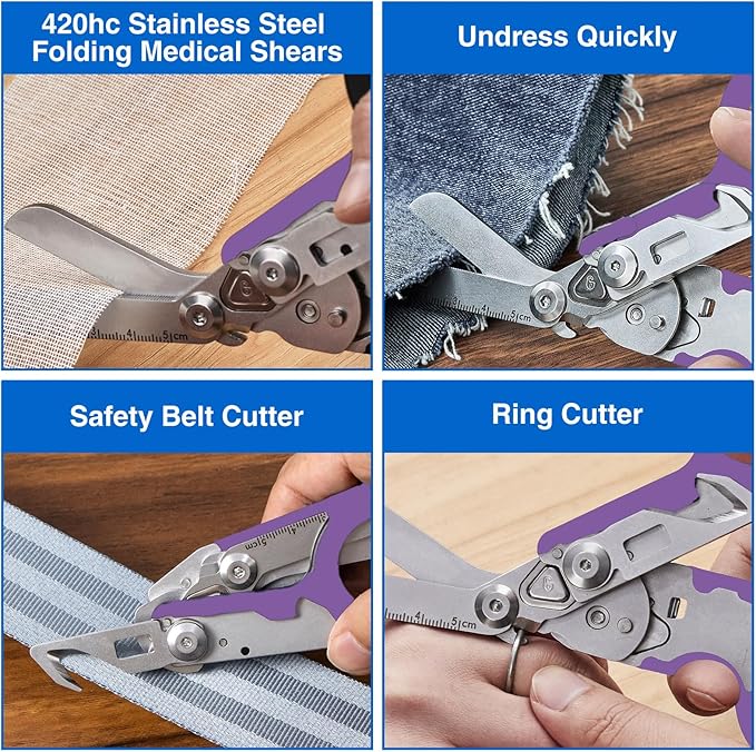 Heavy Duty 6 in 1 Multifunctional Trauma Shears Foldable | Stainless Steel emergency response scissors | Survival Shears with Holster | Medical Trauma shears Tactical With Strap Cutter | Purple