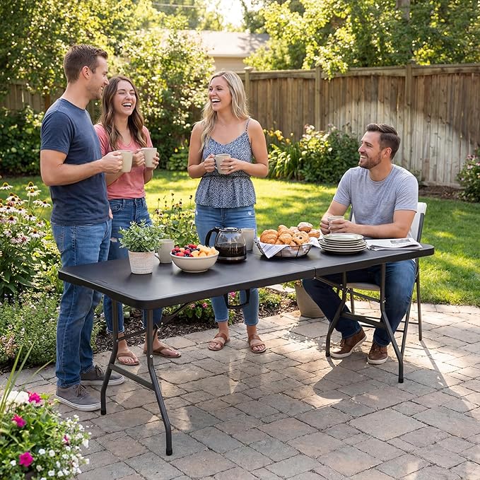 Byliable Folding Table 6ft, Heavy Duty Portable Plastic Fold-in-Half Utility Table with Carrying Handle for Indoor Outdoor, Camping Picnic Party, Black