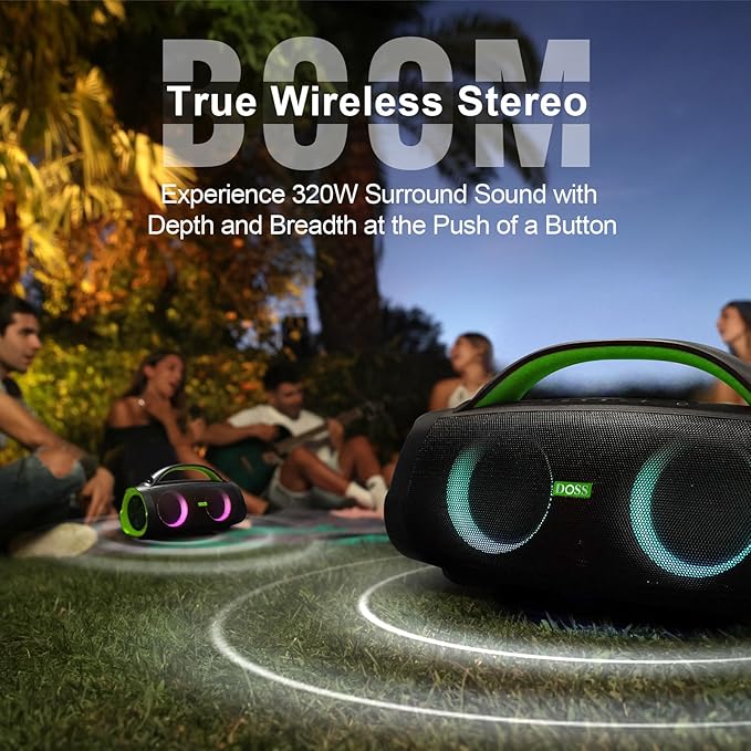 DOSS Extreme Boom Pro Loud Bluetooth Speaker with 100W Stereo Sound, Extra Bass, 20H Playtime, Party-Sync Led Lights, Built-in Power Bank, IPX6 Waterproof for Outdoor, Camping, Pool-Green