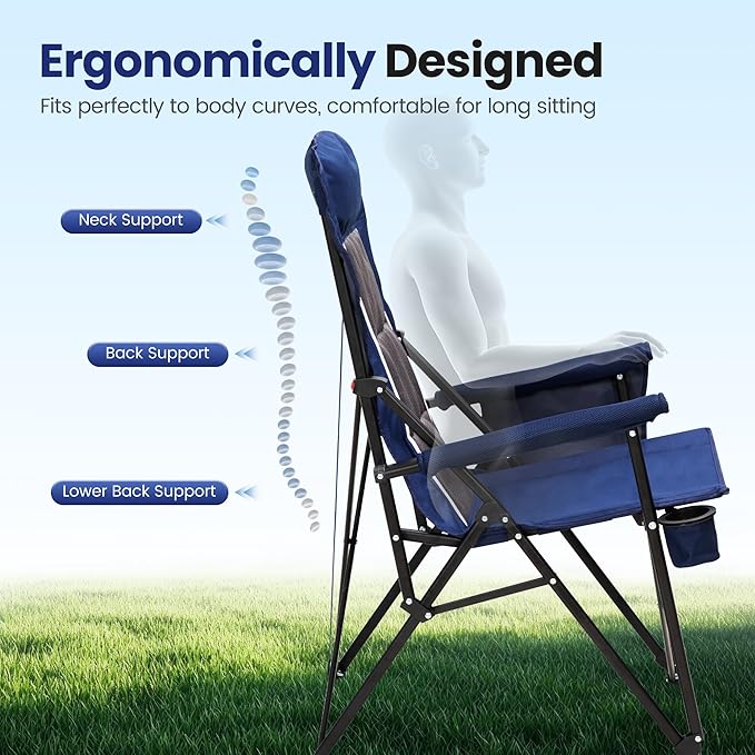 HIGH POINT SPORTS Oversized Camping Chairs for Adults, High Back Heavy Duty Lawn Chair Support 500LBS, Padded Portable Collapsible Outdoor Chair with Cup Holder, Blue, 2 Pack