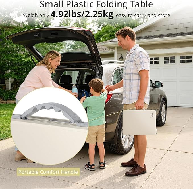 Anbte 2ft Small Plastic Folding Table, Waterproof 3 Adjustable Height Portable Camping Table with Storage Net, Flat Tabletop, for Picnic Indoor Outdoor Travel Beach Patio, 22.8" X 15.7", White