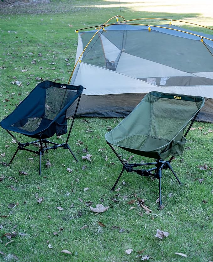 iClimb Ultralight Compact Camping Folding Beach Chair with Anti-Sinking Large Feet and Back Support Webbing (Green - Triangular Frame)