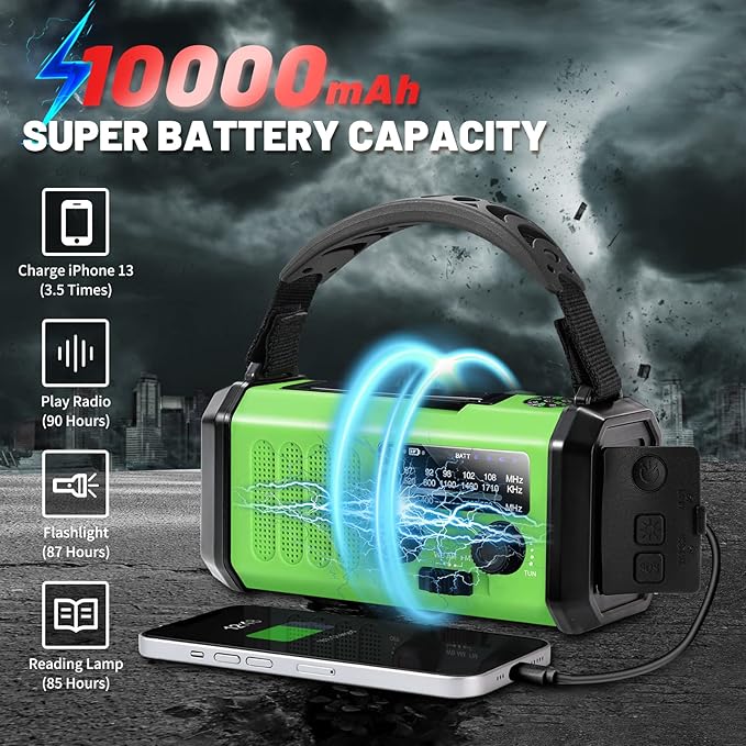 Aivica Emergency Hand Crank Radio with 10000mAh/37000mWh Battery Backup, AM FM NOAA Weather Radio, Type-C Charge,Solar Radio,SOS, 3 Modes LED Flashlight，Reading Lamp, Compass for Outdoor Survival