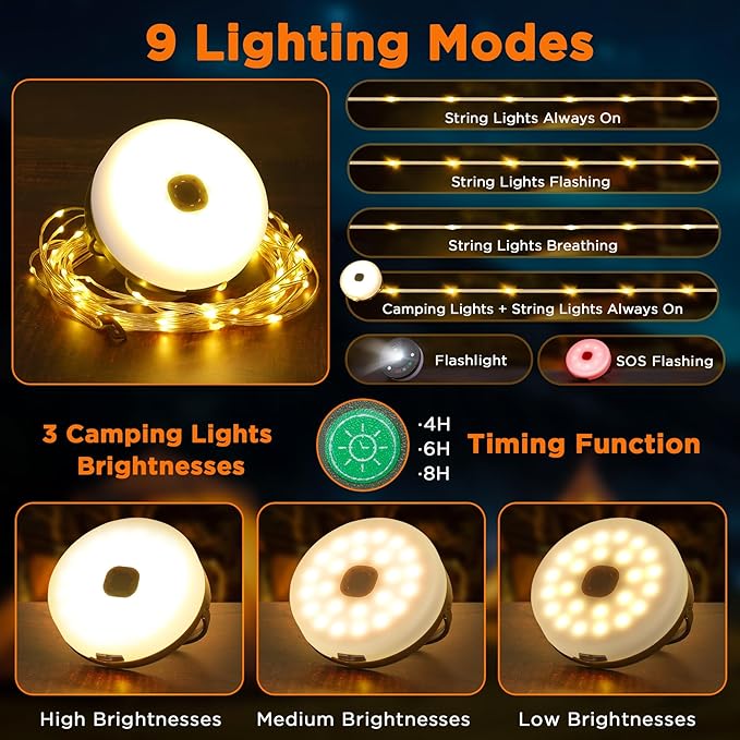Retractable Camping String Lights, 33FT 3000 mAh Rechargeable 4 in 1 Tent Lights String with 9 Modes, Outdoor Portable Camper Lighting Waterproof, Camp Lamp for Party, Yard, Hiking Essentials