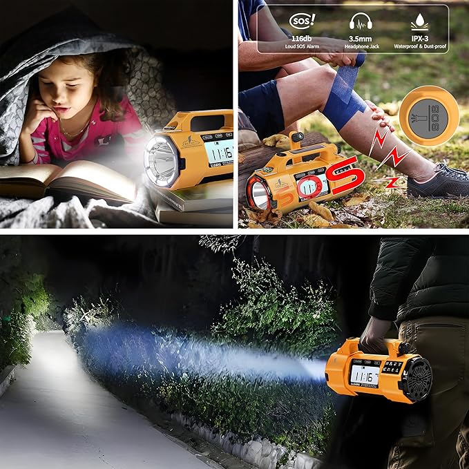 Emergency FM/AM/SW Weather Radio, Big Flashlight/Speaker,Type-C,Sleep Timer Alarm Clock, Solar Hand Crank Charge, 5000mAh Replaceable Battery,Cell Phone Charger Hurricane Survival kit