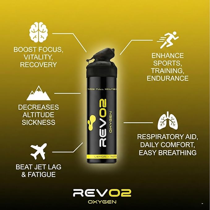 REV/O2 Oxygen Can | 98% Pure Portable Oxygen for Recovery, Immunity & Hiking | 10L Canister with Leak-Proof Mouthpiece & Trigger Lock | Natural Citrus Boost for Breathing, Energy & Wellness - Lemon