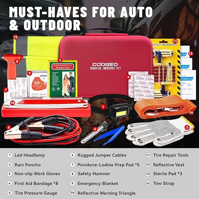 COOGEO 15PC Car Emergency Kit with Jumper Cables, Roadside Assistance Safety Kit for Auto & Truck, Includes Safety Hammers, Tow Strap, Warning Triangle, First Aid, Gifts for Young Men or Women,Red
