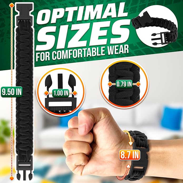 Paracord Bracelets for Men and Women – Adjustable Survival Paracord Bracelet with 10 ft Nylon Survival Cord, Flint Fire Starter, Compass, Whistle & Scraper – Gear for Camping, Hiking, Fishing & Travel