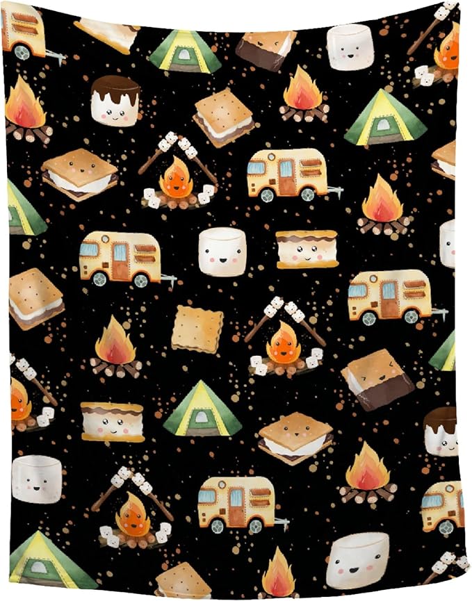 Cute S'Mores Flannel Blanket | Ultra Soft Roasted Marshalows Throw for Couch/Sofa/Travel/Camping | Camping Blanket Gifts for Camper Lover Decor - 50"x60"-Teens/Travel Size