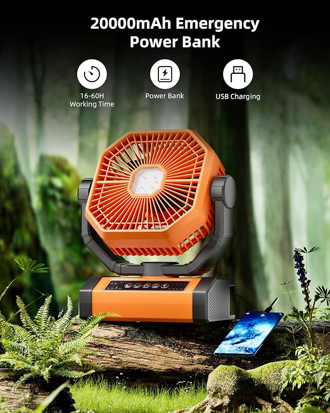 MORIKO 20000mAh LED Light Fan, Rechargeable Battery Operated with Remote & Hook, 270 Pivot, 4 Speeds, Portable Outdoor Fan for Tent, Beach, BBQ, Jobsites
