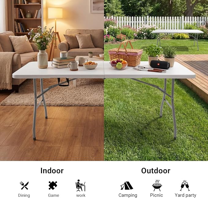 Byliable Folding Table 6ft, Heavy Duty Portable Plastic Fold-in-Half Utility Table with Carrying Handle for Indoor Outdoor, Camping Picnic Party, White