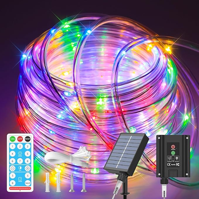 ICRGB Trampoline Lights, 66FT 200LED 1800mAh Solar Rope Lights Outdoor, IP67 Waterproof, Solar Power Outdoor Light, 8 Modes & Timer Function, Decorative for Trampoline Camping Tent Patio Porch Garden