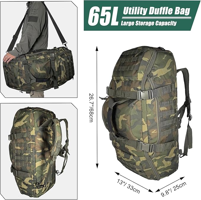 Hannibal Tactical 55L Large Duffle Bag, 3-in-1 Tactical Backpack MOLLE Pack for Sports, Gym, Outdoor, US Woodland