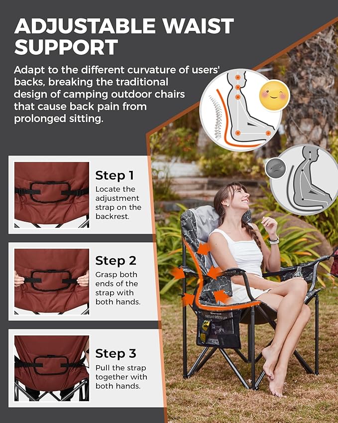KingCamp Oversized Camping Folding Chair, Heavy Duty 450 LBS with Lumbar Support, Padded seat with Cup Holder&Cooler Bag, Ideal for Camp, Fishing, Sports Event, Backyard, Patio, Lawn