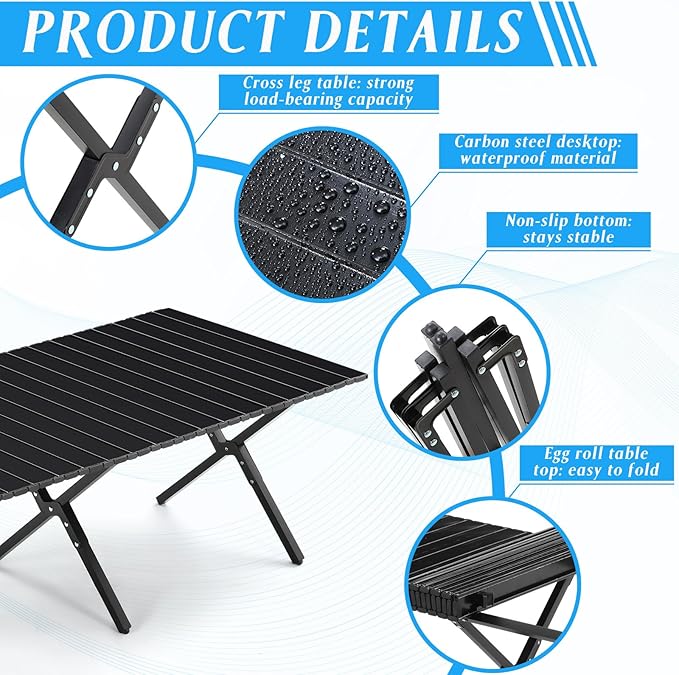 Suzile 2 Pack 4FT Folding Camping Table, Roll Up Portable Camp Table with Carry Bag, Low Collapsible Lightweight Aluminum Outdoor for Camping, Picnic, Beach, Patio, Kitchen(Black)