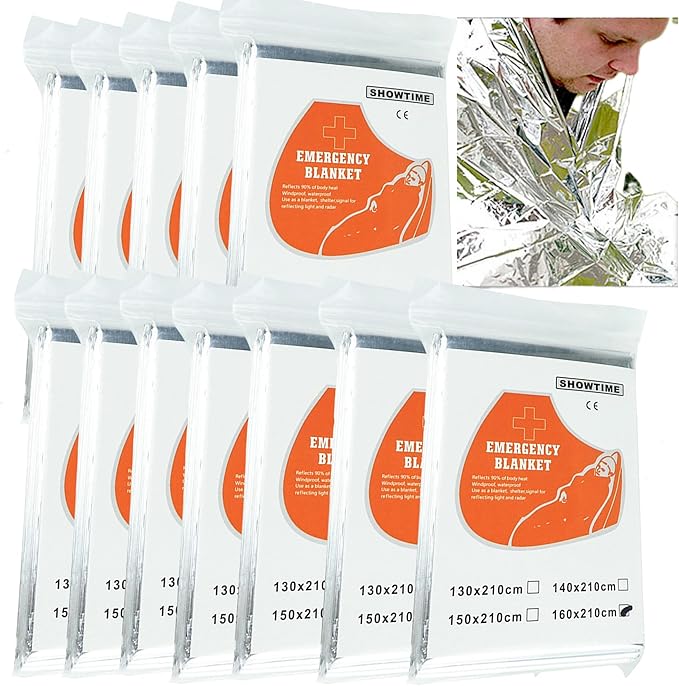 MEETSWEET Emergency Rescue Blanket Outdoor Survival Blanket Waterproof, Windproof, Warm, Sunscreen Lightweight and Portable Suitable for First Aid Bags and Outdoor Camping, Silver, 12pcs
