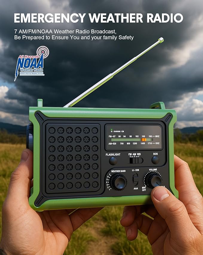 Emergency Weather Radio, NOAA Certified Solar Hand Crank Radio, 12000mAh Battery Operated Survival Gear with LED Flashlight, Reading Light & SOS Alarm, Essential for Power Outage, Hurricane & Camping