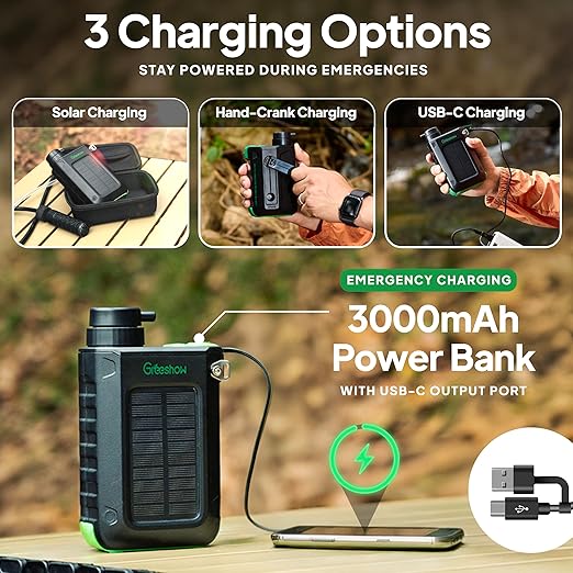 Greeshow Portable Electric Water Filter for Camping & Survival - 0.01 Micron Water Purification System with Solar, Hand Crank, USB-C Charge - Power Bank & LED Light for Backpacking Gear, Emergency Kit