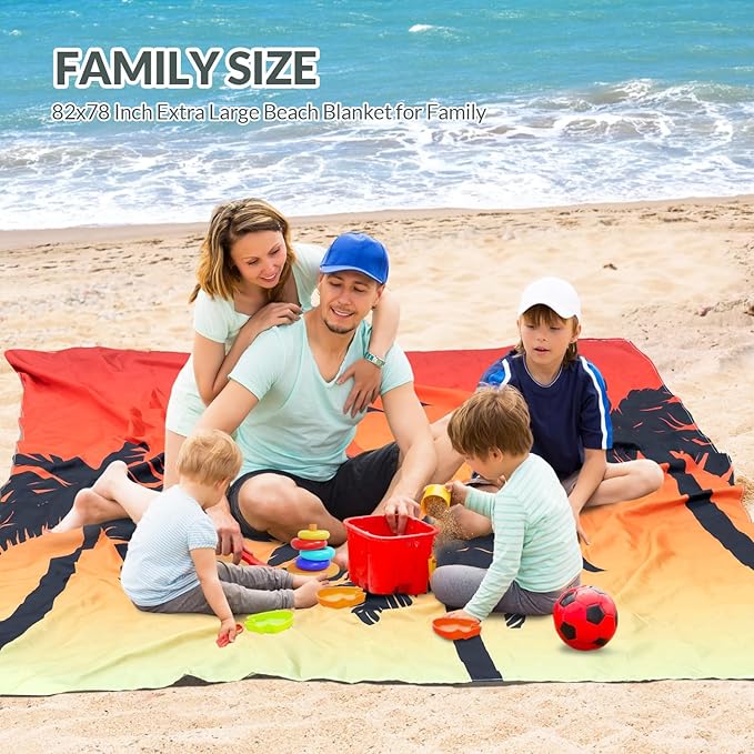 Beach Blanket, Waterproof Sandproof Beach Mat with Stakes and Inflatable Camping Pillow, 79" X 83" Quick Drying Lightweight & Durable Outdoor Picnic Mat with 4 Corner Pockets for Beach Camping