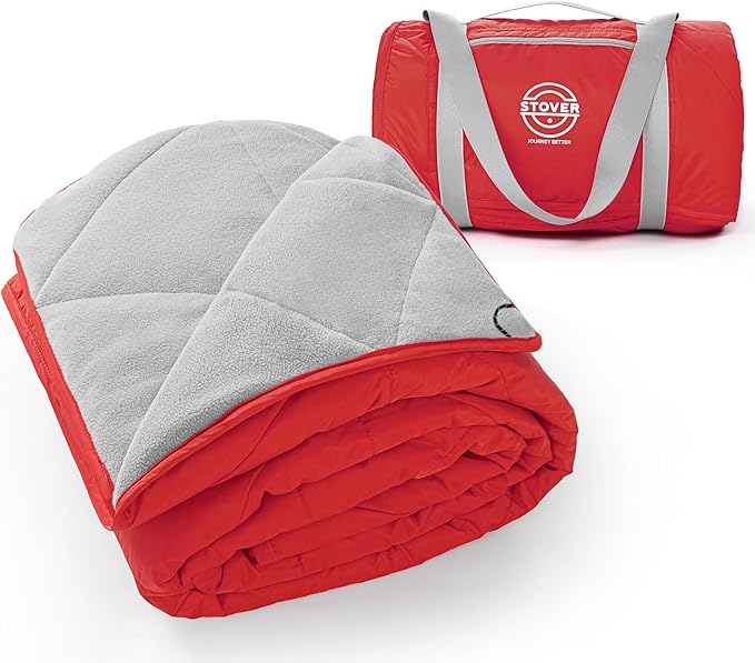 STOVER Large Waterproof Outdoor Stadium Blanket- Extra Thick Soft Fleece Camping Blanket for Travel, Picnics, Sports, Dogs 79"x55", Warm, Windproof, Sand-Proof, Lightweight, Packable (Sunset Red)