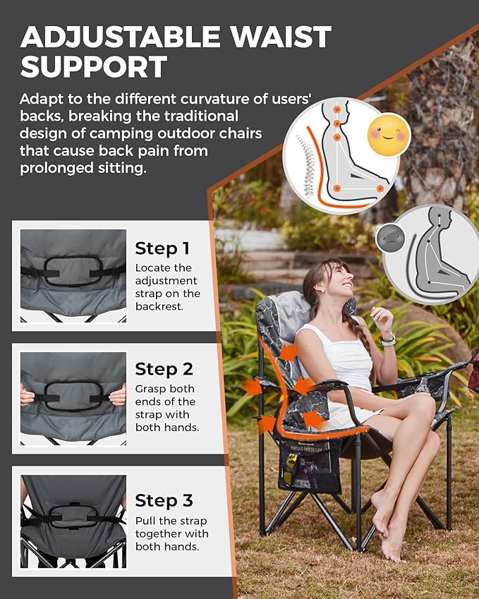 KingCamp Oversized Camping Folding Chair, Heavy Duty 450 LBS with Lumbar Support, Padded seat with Cup Holder&Cooler Bag, Ideal for Camp, Fishing, Sports Event, Backyard, Patio, Lawn