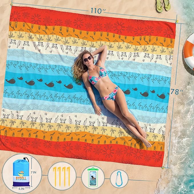 BYDOLL Beach Blanket Waterproof Sandproof Large Sand Free, 78''X110'' Oversized Sandless Lightweight Blanket Picnic Mat for Beach Travel Camping Hiking with Stakes