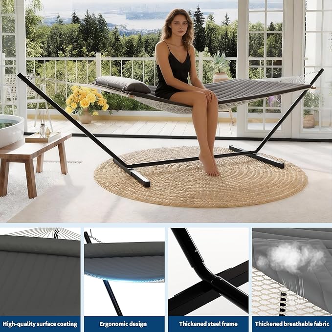 Garvee 2 Person Portable Double Hammock for Outdoor with Pillow, Heavy Duty Portable Hammock with Adjustable Steel Stand for Patio, Garden, Beach, Backyard