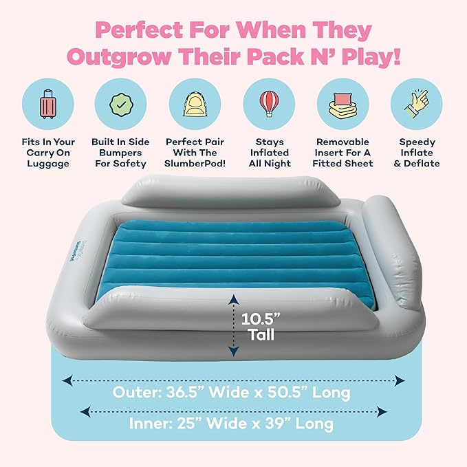 SlumberPod SlumberTot Inflatable Toddler Travel Bed - Portable Kids Air Mattress with Safety Bumpers - Perfectly Sized Ideal for Travel or Home Use - Includes Electric Pump
