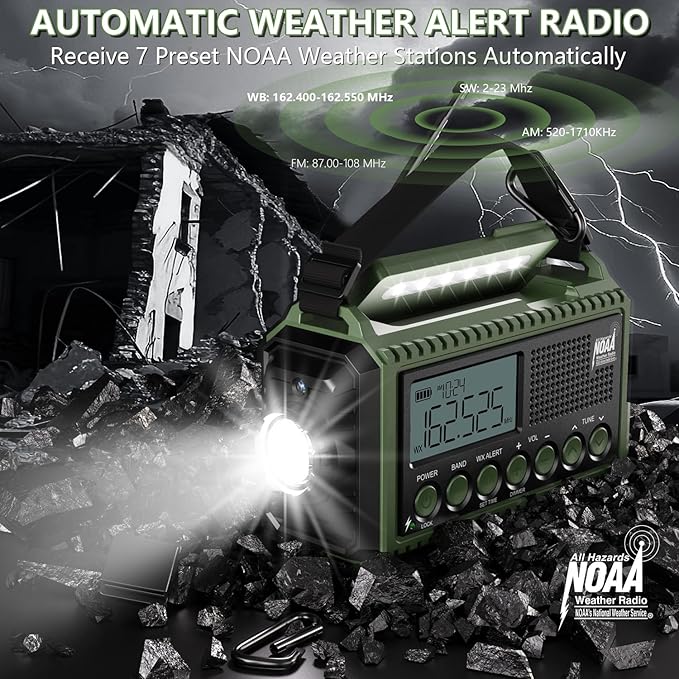NOAA Emergency Radio with Auto Weather Alerts - 12000mAh Solar Hand Crank Weather Radio, 6 Power Sources, Bright LCD Digital Tuning, AM/FM/SW Receiver, SOS Alarm & Power Bank for Home Camping Survival