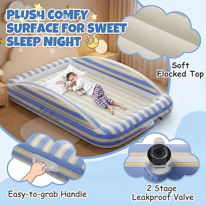 Luxchoice Inflatable Toddler Travel Bed with Cordless Rechargeable Pump, Comfy Removable Flocked Kids Air Mattress & Safety Rails, 63'' Portable Blow up Bed for Outdoors Camping Sleepover Travel Home