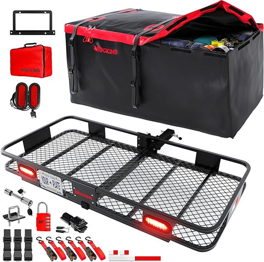 Mockins 70"x30"x6" XXL Folding Trailer Hitch Cargo Carrier w/Rear Lights, Plate Bracket & 40 CuFt Waterproof Cargo Bag for Hitch Carrier | 500 Lbs Cap Luggage Rack for SUV Car & Truck w/Accessories