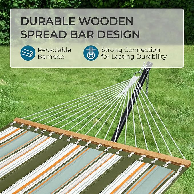 SUPERJARE Hammock with Stand, 2 Person Quilted Outdoor Hammock, Detachable Pillow & Bamboo Spreaders, Portable Hammock with Carrying Bag, Heavy Duty Stand, Perfect for Outside, Patio, Retro Green