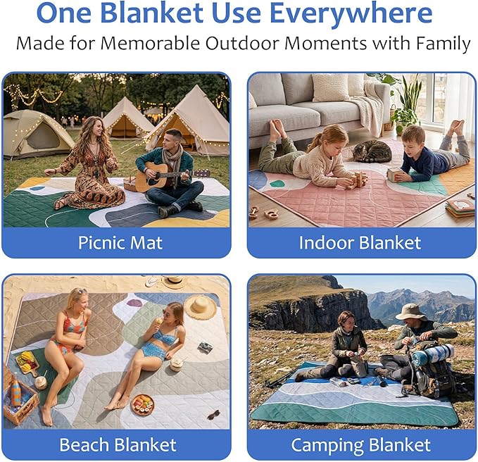 Exclusivo Mezcla Waterproof Picnic Blankets 60x80 Inch, 3 Layer Extra Large, Sandproof and Foldable Outdoor Blanket for Beach Camping, Park and Travel