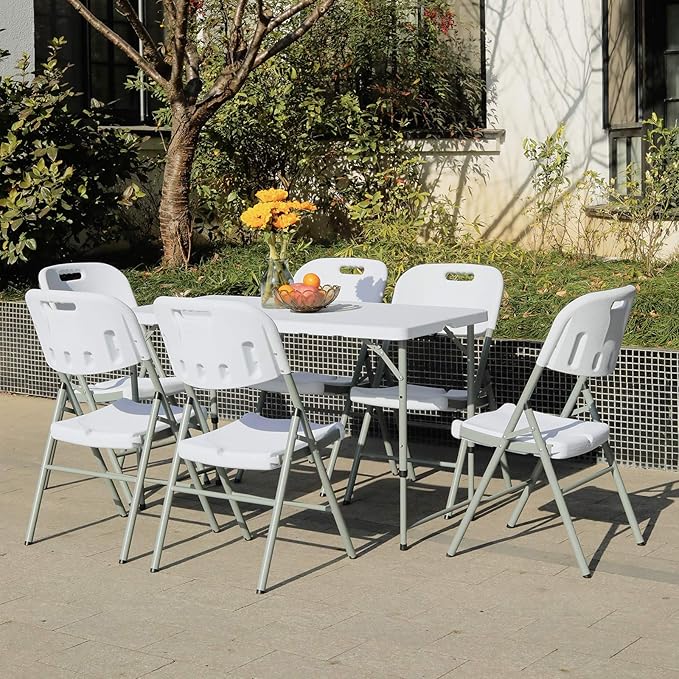 Lakhow Folding Table 4 Foot Heavy Duty Plastic Utility Table Portable Thick Table Top Small Indoor Outdoor Adjustable Height Folding with Carrying Handle，Sewing Table Camping Party Gathering ，White