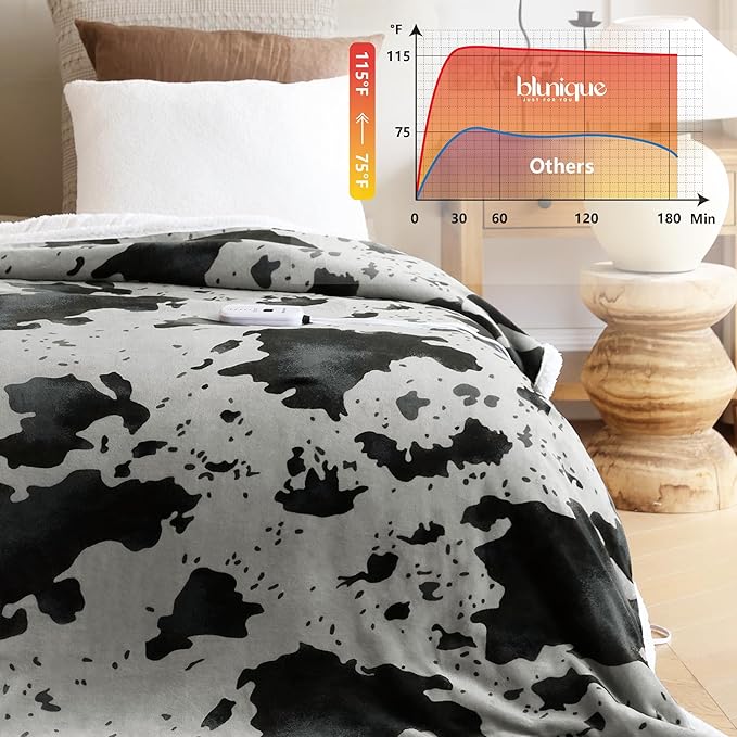 Heated Blanket Throw Blanket - Fast Heating Electric Blanket, Soft Flannel Heated Throw with 4 Time Settings,10 Heating Settings, Warm Gifts for Women & Mom & Grandma(50"x60"Cow Print Grey)