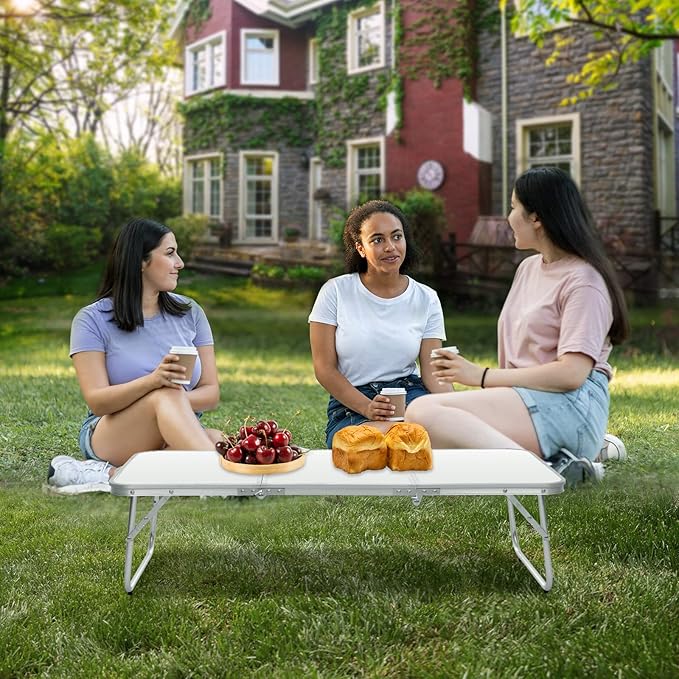 Moosinily Small Camping Table 35.2 inch Folding Picnic Table Foldable Low Camp Table Portable Short Aluminum Outdoor Floor Short Beach BBQ White 35.2×15.7 inch