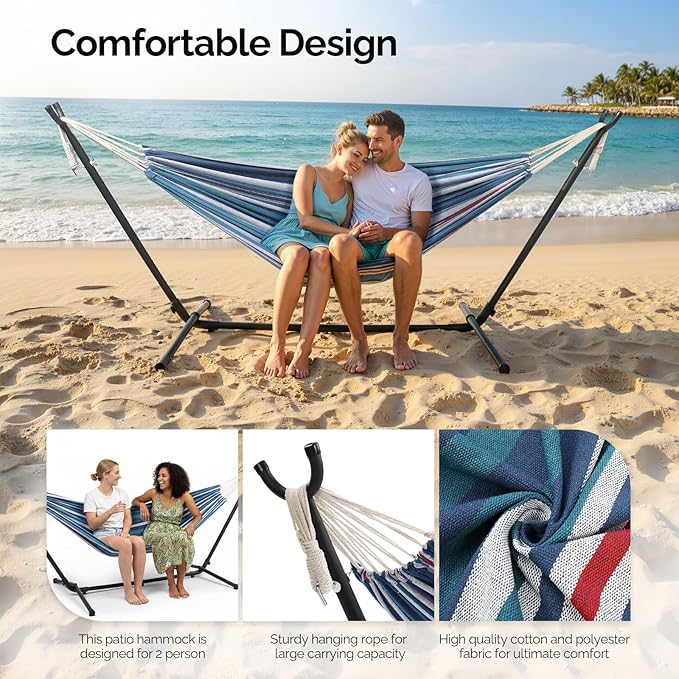 ONCLOUD Double Hammock with 9 FT Stand Space Saving Carrying Case (Purple Blue)