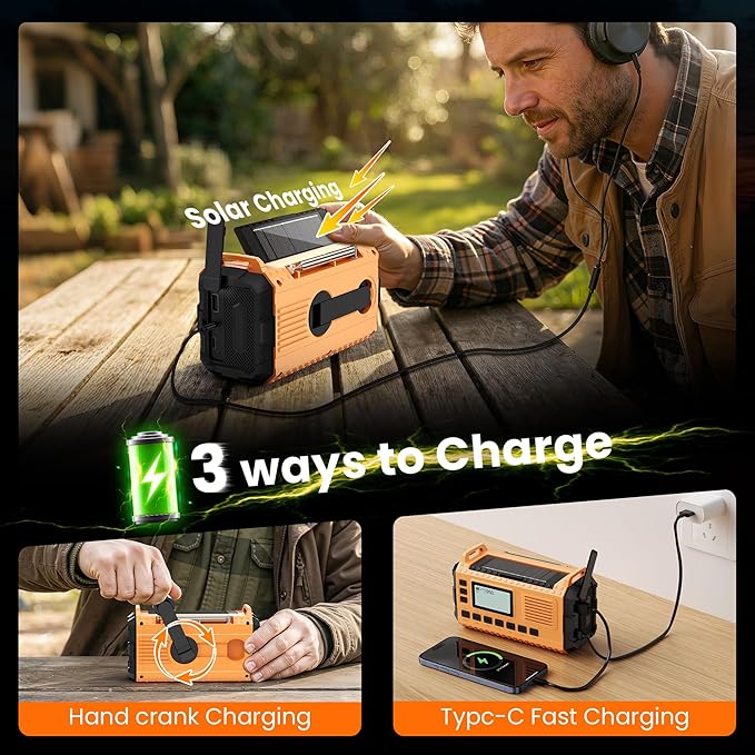 Emergency Weather Radio - AM/FM/NOAA Hand Crank Radio with 15W Fast Charge, 40000mAh Portable Solar Power Bank, Multi-Function Flashlight & SOS Alarm for Outdoor Indoor Emergencies (Orange)