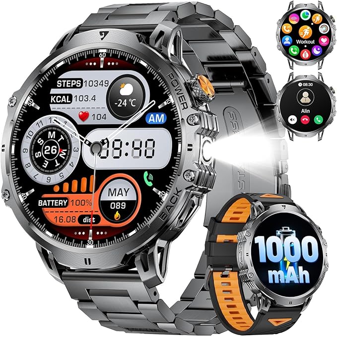 Military Smart Watch for Men, 1.85" HD Large Screen, Bluetooth Call/1000mAh/Flashlight/Heart Rate Sleep Monitor, 110+ Sports Modes Fitness Tracker Watch for Android iOS, Holiday, Black-Orange