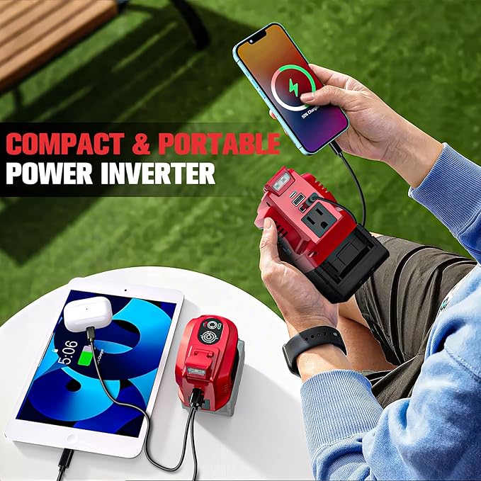 Ecarke 200W Portable Power Inverter Compatible with Milwaukee 18V Battery, DC 18V to AC 110V Power Station with 1 AC Outlet, 2 USB, 1 Type-C & LED Light, for Outdoor Emergency Use (No Battery)(2-Pack)