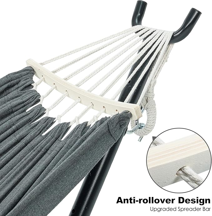 GAFETE Double Hammock with Stand for Outside, Upgraded Spreader Bar, Heavy Duty Space Saving Steel Stand 2 Person, Side Pocket, Easy Assembly, 600lbs Weight Capacity, Indoor & Outdoor (Dark Grey)