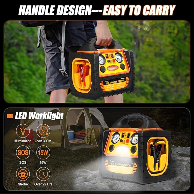 6 in 1 Jump Starter with Air Compressor 150 PSI Tire Inflator,Upgraded 1800A Peak 12V Portable Car Battery Jump Starter,400 Watt Inverter Power Station with AC/DC/USB Outlets (8.0L Gas/6L Diesel)