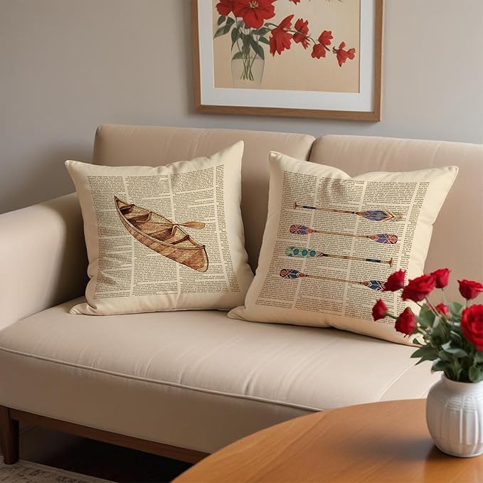 Vintage Lake Nautical Pillow Covers 18x18 Set of 2, Gifts for Lake Lovers, Retro Canoe Boat Paddle Coastal Beach Decorative Throw Pillow Covers for Couch Sofa Bedroom Beach House Cabin Home