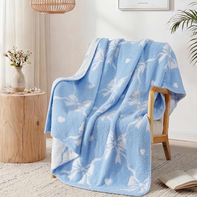 WRENSONGE Blue Bow Throw Blanket Soft Cozy Fluffy Warm Throw for Couch Sofa Bed Camping Picnic Travel Lightweight - 50"*60"